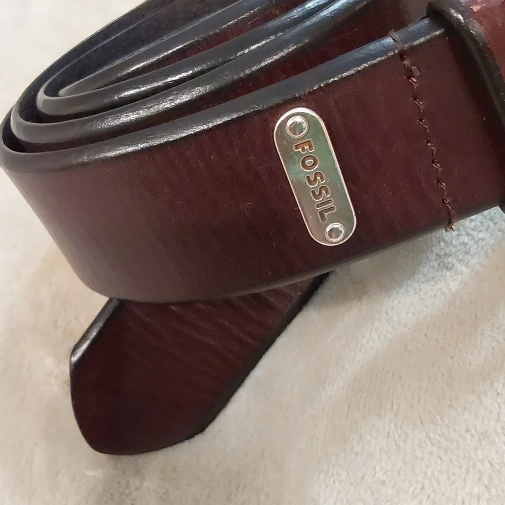 Fossil Full Grain Cowhide Mens Dark Brown Leather Belt Silver Buckle Size 44 - Picture 2 of 11